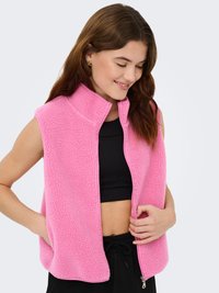 Lichtgewicht mouwloos vest in felroze fleece, met een hoge kraag en een zichtbare rits, een zachte textuur en een casual pasvorm.