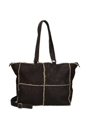Borsa tote rettangolare marrone scuro con manici lunghi e dettagli di cuciture beige visibili che creano un motivo a griglia sulla parte frontale.