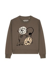 Bruine sweater met een minimalistisch ontwerp met abstracte bloemgraphics en het woord "Love" in het zwart. Gemaakt van zacht materiaal.