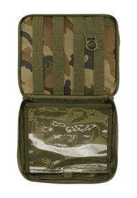 Pungă cu fermoar, model de camuflaj, cu un compartiment transparent, margini întărite și curele MOLLE pe exterior pentru atașare.