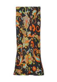 Μαύρη φούστα με φωτεινά πορτοκαλί, μπλε και πράσινα λουλουδάτα και παϊέτες μοτίβα σε ρέον, φουσκωτό σχέδιο.