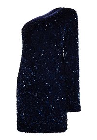 Rochie într-o umăr, de culoare bleumarin, cu o suprafață texturată, împodobită cu paiete care reflectă lumina. Lungime scurtă și siluetă ajustată.