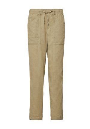 Pantalons beiges coupés en lin avec une taille élastique, un cordon de serrage réglable et deux poches avant. Texture lisse et légère.