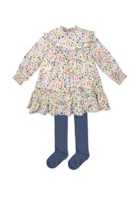 Vestido largo de flores en crema con detalles en rosa, amarillo y azul, que cuenta con un cuello con volantes y un dobladillo en capas. Incluye leggings de mezclilla.