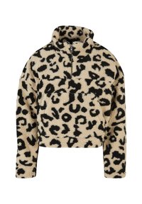 Fleece-Pullover in Beige mit schwarzem Leopardenmuster, ausgestattet mit hohem Kragen und durchgehendem Reißverschluss. Kurz geschnitten, mit langen Ärmeln und einer Brusttasche.