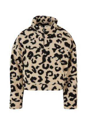 Fleecepullover i beige med sort leopardprint, med høj krave og lynlåslukning foran. Cropped pasform med lange ærmer og en brystlomme.