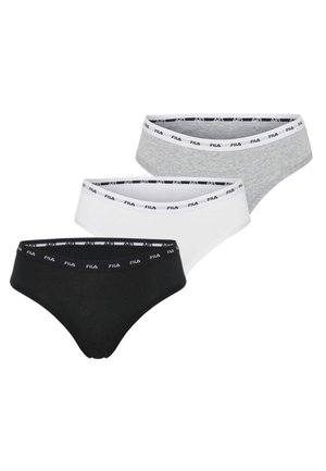 Trois culottes bikini pour femmes de la marque FILA en noir, blanc et gris, chacune avec une ceinture élastique à logo.