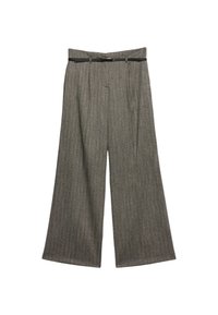 Pantaloni grigi a gamba larga con una trama testurizzata, dotati di un davanti piatto, pieghe doppie e una cintura nera.