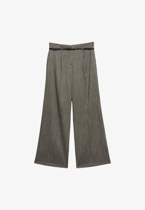 Grijze wijde broek met een gestructureerde weving, met een platte voorkant, dubbele plooien en een zwarte riem.