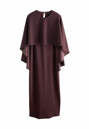 Burgundy dress with a layered cape design, smooth fabric, round neckline, and back keyhole detail. Elegant, flowing silhouette.