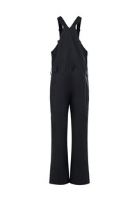 Czarne ogrodniki o szerokich nogawkach, z regulowanymi skrzyżowanymi ramiączkami i wieloma kieszeniami z przodu. Wykonane z trwałego materiału o gładkiej texture.