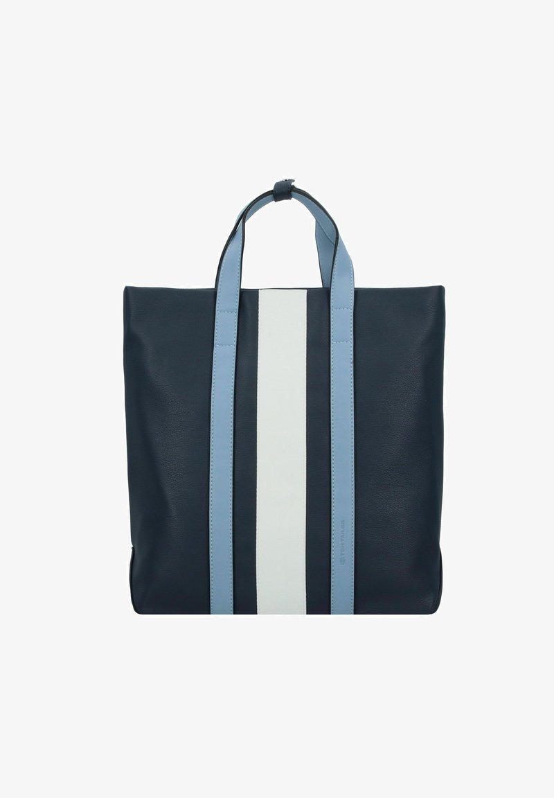 Bolso tote de cuero azul marino con rayas verticales en azul claro y blanco. Cuenta con dos asas azules resistentes y una superficie de textura suave.