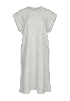 Hellgraues, kurzärmeliges, knielanges Freizeitkleid mit rundem Ausschnitt und aufgerollten Ärmelbündchen.
