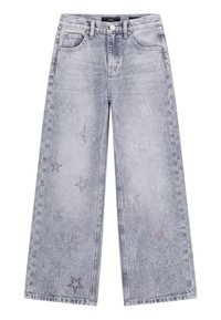 Wide-leg jeans in faded light blue denim featuring star-shaped embellishments in silver and purple. Classic five-pocket design.