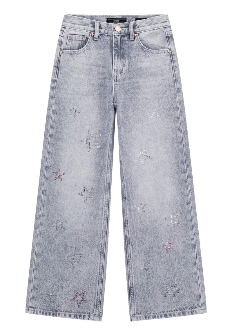 Wide-leg jeans in faded light blue denim featuring star-shaped embellishments in silver and purple. Classic five-pocket design.
