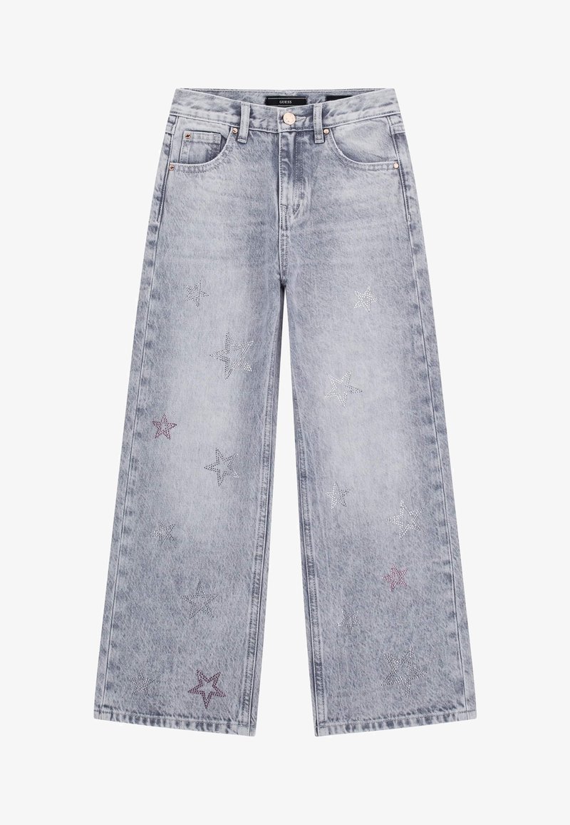 Jeans a gamba larga in denim blu chiaro sbiadito con decorazioni a forma di stella in argento e viola. Design classico a cinque tasche.