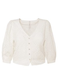 Cardigan bianco a maniche corte con scollo a V, caratterizzato da motivi a occhio di pernice, cinque bottoni di chiusura e maniche leggermente a sbuffo.