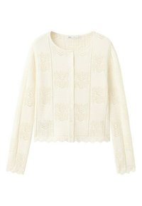 Cardigan tricoté de couleur crème à manches longues avec boutons sur le devant, motif ajouré délicat, bords festonnés et col rond.