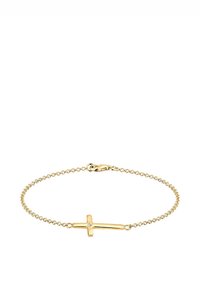 Armbanduhr in Goldoptik mit einem glatten, länglichen Kreuz-Anhänger, der einen einzelnen klaren Edelstein trägt, verbunden durch ein zartes Ketten-Design.