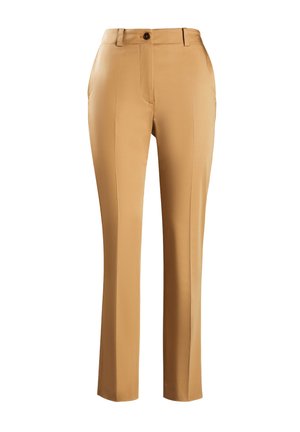 Pantalons beiges ajustés en tissu lisse, avec une coupe droite, des plis plats à l'avant et une fermeture à un bouton à la taille.