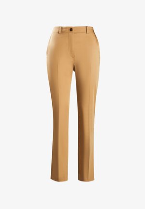 Pantaloni beige su misura realizzati in un tessuto morbido, con gamba dritta, pieghe frontali e chiusura con bottone singolo in vita.
