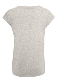 Grau T-Shirt mit kurzen Ärmeln, das eine lockere Passform und eine weiche Textur aufweist; keine sichtbaren Muster oder Hardware. Die Rückansicht zeigt einen glatten Stoff mit rundem Ausschnitt.