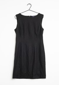 Schwarzes ärmelloses Kleid mit rundem Ausschnitt, aus strukturiertem Stoff. Verfügt über einen Reißverschluss hinten und eine taillierte Silhouette.