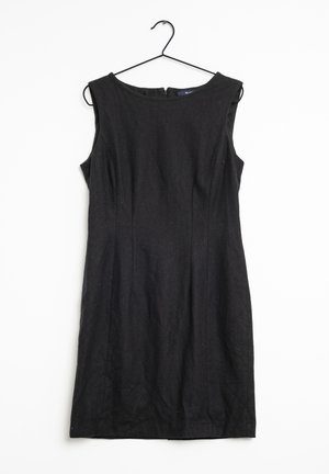 Schwarzes ärmelloses Kleid mit rundem Ausschnitt, aus strukturiertem Stoff. Verfügt über einen Reißverschluss hinten und eine taillierte Silhouette.