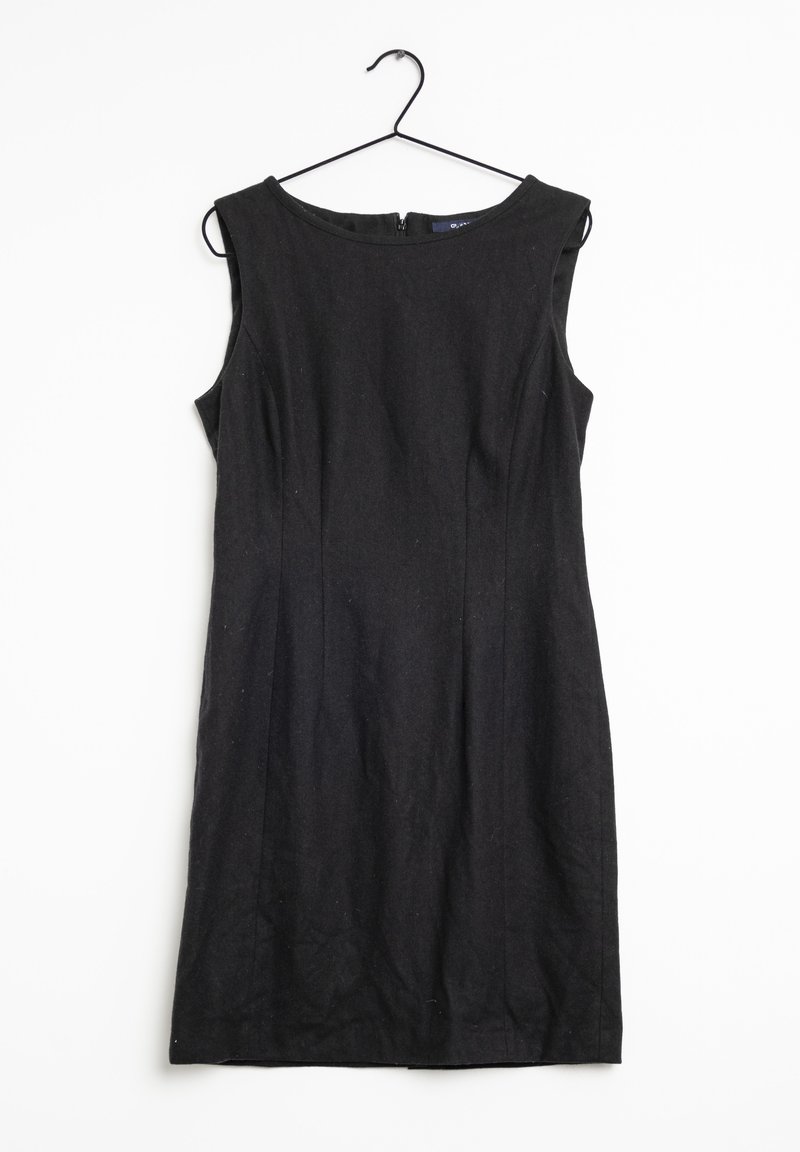 Schwarzes ärmelloses Kleid mit rundem Ausschnitt, aus strukturiertem Stoff. Verfügt über einen Reißverschluss hinten und eine taillierte Silhouette.