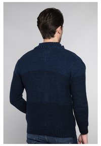Dunkelblauer gestrickter Pullover mit einem gerippten Kragen und strukturiertem Muster. Hat eine taillierte Form und lange Ärmel, Ansicht von hinten.