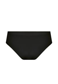 Czarne majtki bikini z gładkiego, elastycznego materiału. Posiadają średni stan i umiarkowane zakrycie. Prosty, jednolity kolor bez wzorów.