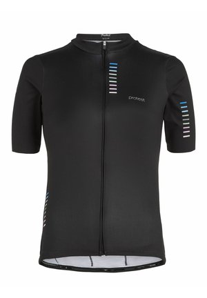 Zwart cycledraagtaak van gestructureerde stof, met een rits aan de voorkant, korte mouwen en kleurrijke verticale strepen op de schouder.