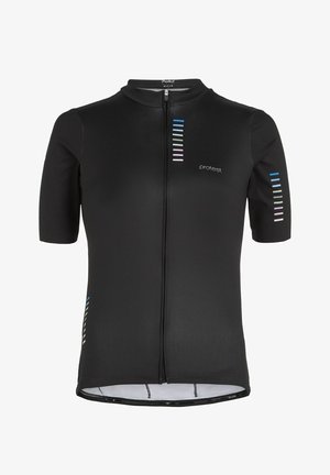 Zwart cycledraagtaak van gestructureerde stof, met een rits aan de voorkant, korte mouwen en kleurrijke verticale strepen op de schouder.