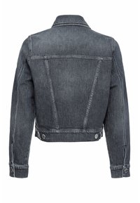 Tamno siva traper jakna s krojenim dizajnom, vidljivim šavovima i dugmadi na manžetama i struku. Leđa sadrže klasični jaram.