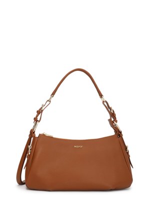 Brun læderhåndtaske med justerbar skulderrem, guldfarvet hardware og "kazar"-logo foran i midten.