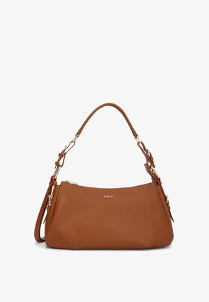 Hnedá kožená kabelka s nastaviteľným ramenným popruhom, zlatým kovovým príslušenstvom a logom „kazar“ v strede prednej strany.