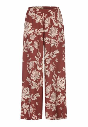 Bredbenede bukser i rustfarve med et stort beige blomsterprint over det hele og elastik i taljen.