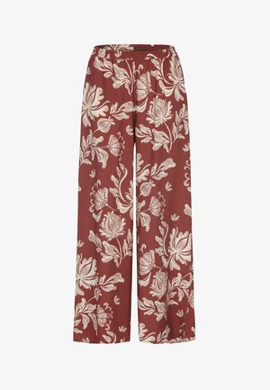 Wijde broek in roestkleur met een groot beige bloemenpatroon en een elastische tailleband.
