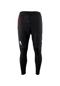 Schwarze, sportliche, taillierte Hosen mit roten Seitenakzenten, elastischem Bund und weißem Logo auf dem linken Oberschenkel.
