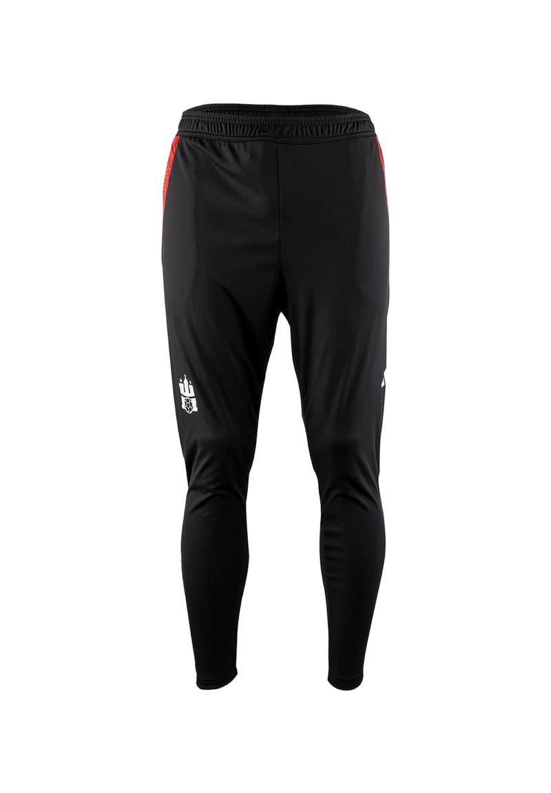 Schwarze, sportliche, taillierte Hosen mit roten Seitenakzenten, elastischem Bund und weißem Logo auf dem linken Oberschenkel.