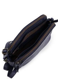 Navy Leder Crossbody-Tasche mit zwei Reißverschlussfächern, goldfarbener Hardware und strukturiertem Finish. Verstellbarer Schulterriemen inklusive.