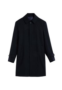 Abrigo de lana azul marino con cuello, cierre de botones, dos bolsillos laterales y puños ajustables con botones; textura suave y diseño ajustado.