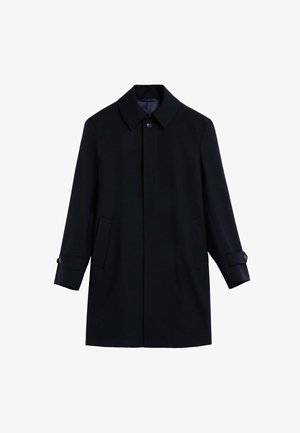 Navy wool blend coat with a collar, button closure, two side pockets, and adjustable buttoned cuffs; smooth texture and tailored design.