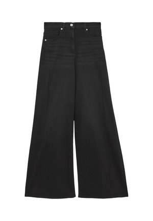 Sorte vidde denimbukser med høj talje, knap- og lynlåsbeslag, forlommer og bæltestropper.