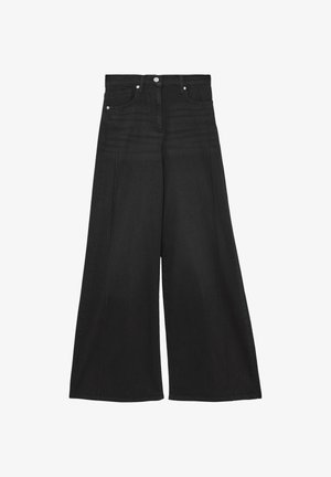 Sorte vidde denimbukser med høj talje, knap- og lynlåsbeslag, forlommer og bæltestropper.