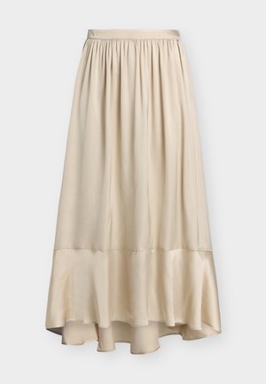 Φούστα midi σε κρεμ σατέν με σούρες στη μέση και βολάν στο τελείωμα, με ελαφρώς πιο μακρύ πίσω μέρος για ασύμμετρη σιλουέτα.