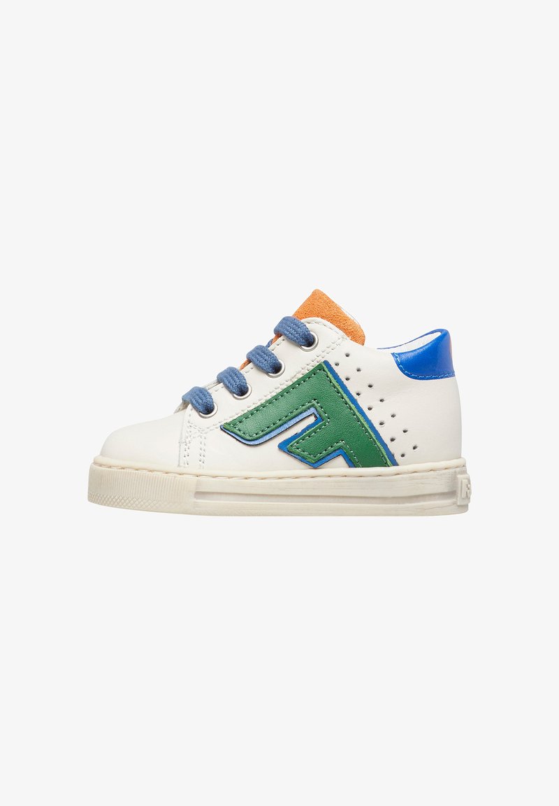 Sneaker in pelle bianca con lacci blu, accenti arancioni e blu, e un design geometrico verde sul lato. Dettagli perforati vicino al tallone.