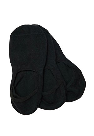 Trois paires de chaussettes noires basses invisibles empilées sur un fond blanc.