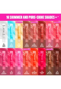 Sixteen NYX Jelly Job lip gloss tubes in a row, featuring shimmer and pure-shine shades from clear to deep brown, each labeled with its shade name.