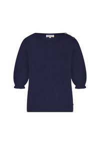 Marineblauwe pullover trui met een ronde halslijn, pofmouwen, geribbelde manchetten en zoom, met gouden knoopaccenten op de schouder.
